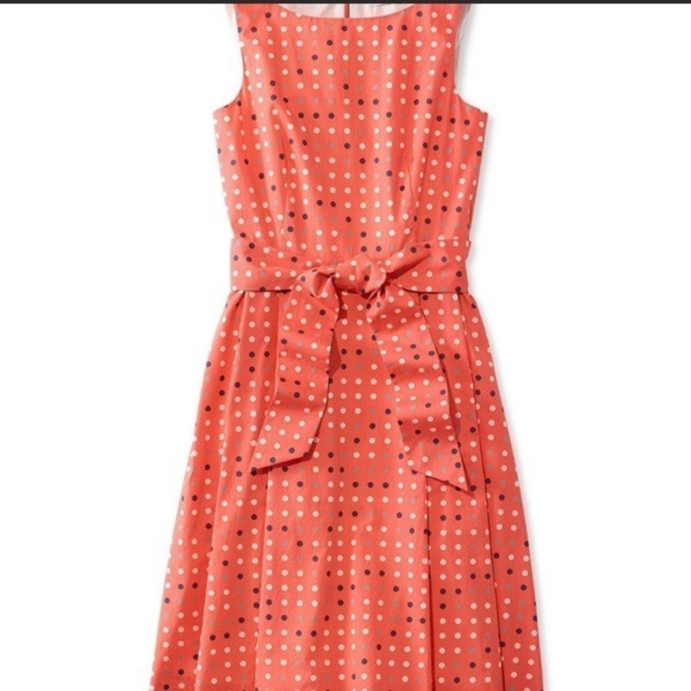 LL Bean Signature Reef Coral Polka Dot‎ Poplin Dress Sleeveless Tie Waist Size 8